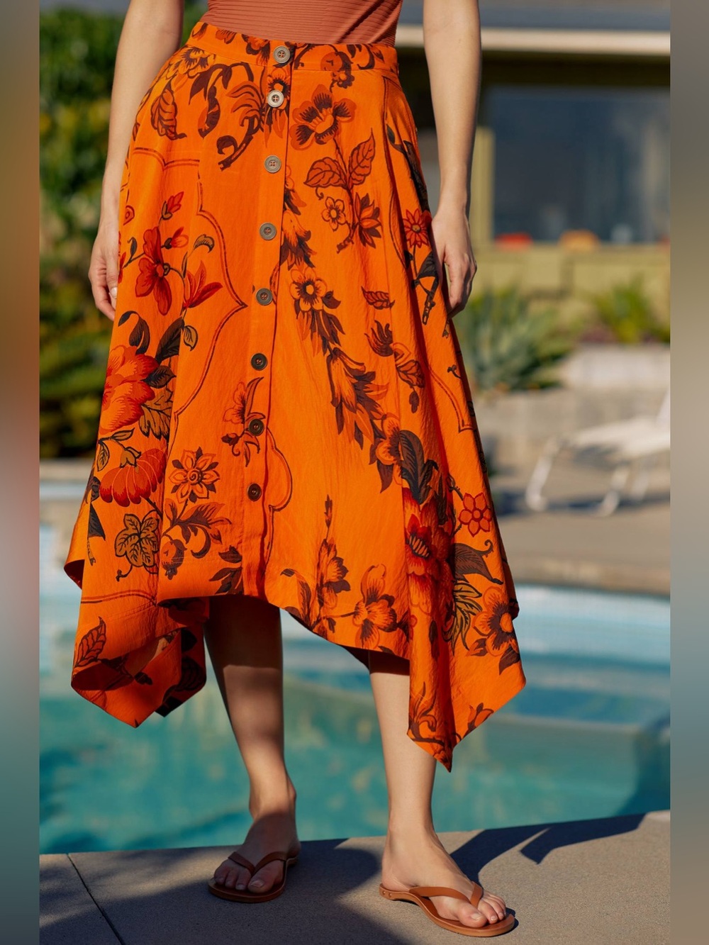 Anthropologie Women’s Floral Asymmetric A-Line High Rise Midi Skirt Size 14